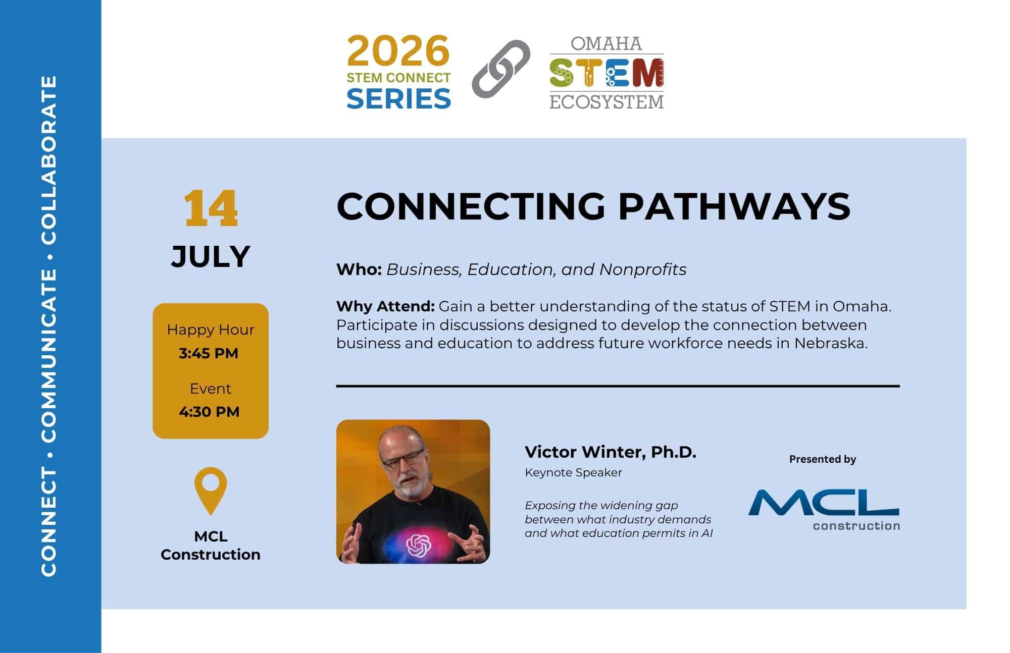 Connecting Pathways 2026 event invitation featuring keynote speaker Victor Winter, Ph.D., hosted by the Omaha STEM Ecosystem at MCL Construction.