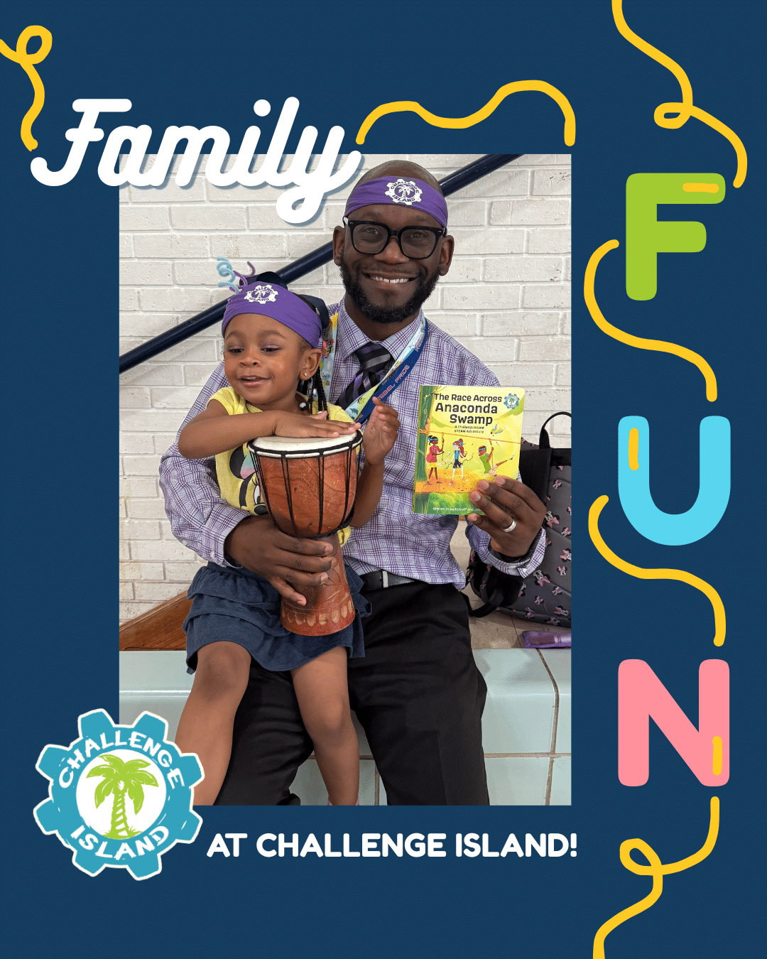 Adult and young child wearing Challenge Island headbands smile together while holding a drum and children’s book.